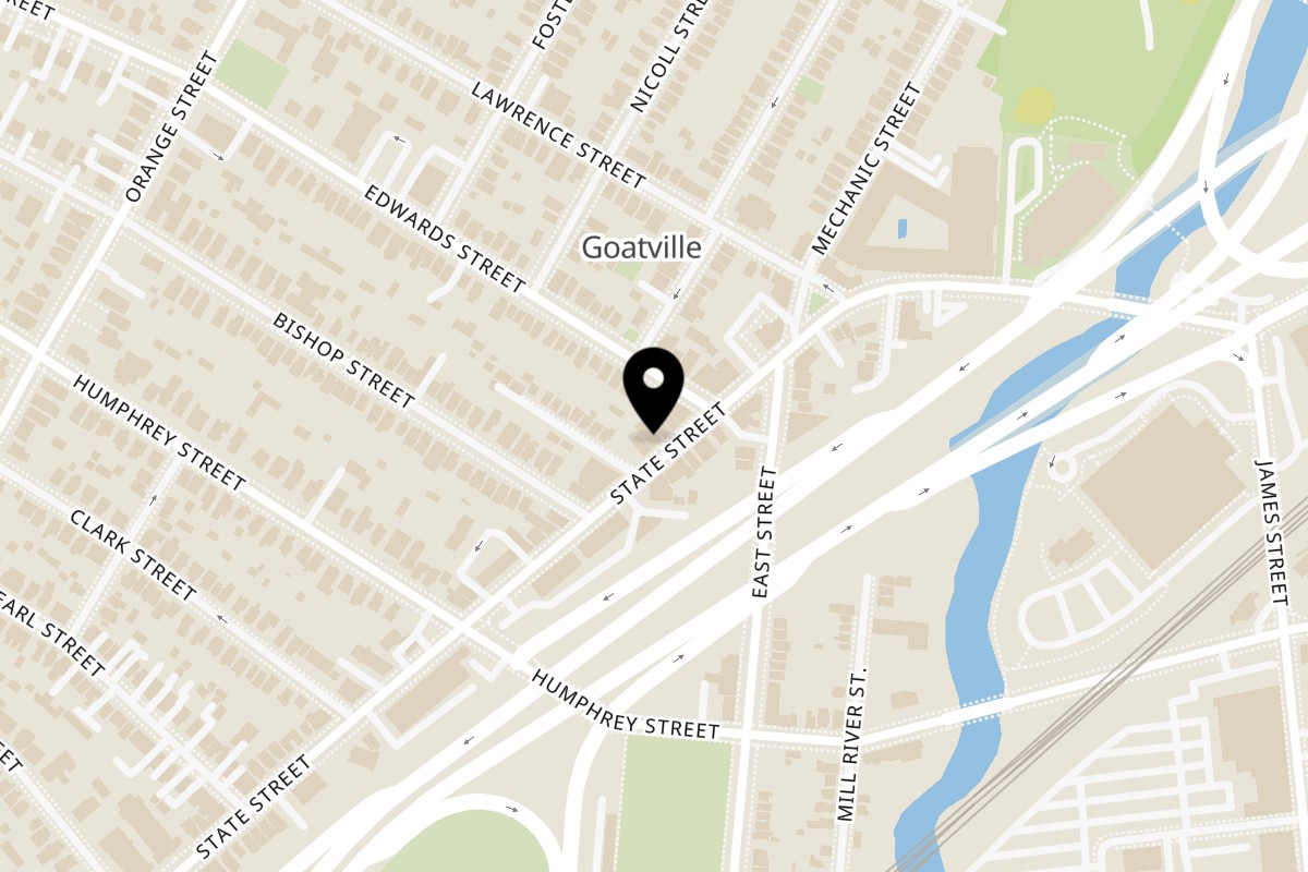Map showing the location of Jordan's Hot Dogs & Mac on 970 State St in New Haven